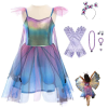 Blauw-paarse vlinderjurk met doorschijnende rok, vleugels en accessoires zoals handschoenen, diadeem en sieraden