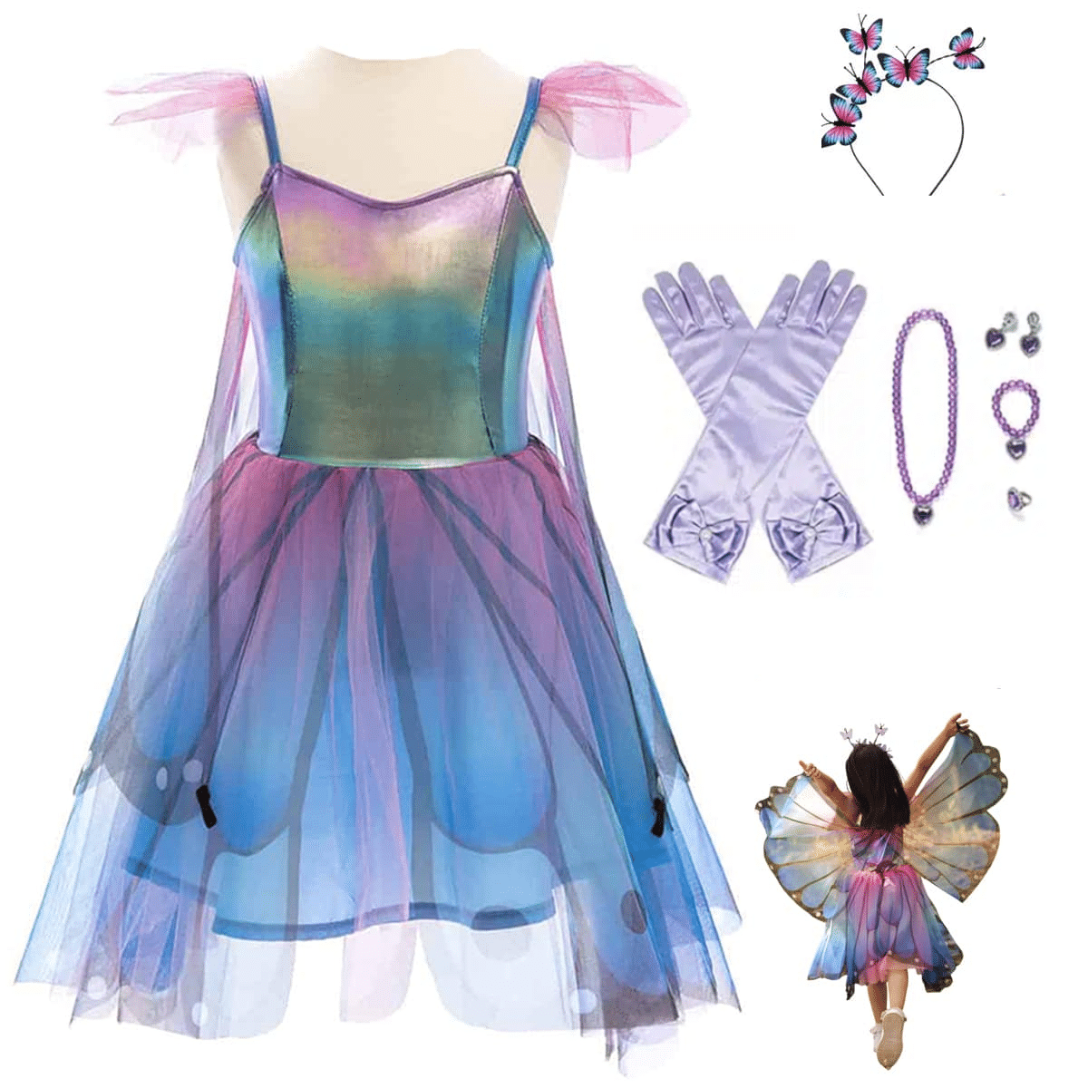 Blauw-paarse vlinderjurk met doorschijnende rok, vleugels en accessoires zoals handschoenen, diadeem en sieraden