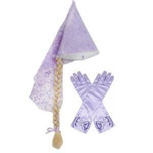 Lila Rapunzelhoed met lange blonde vlecht en bijpassende lange prinsessenhandschoenen met strikken
