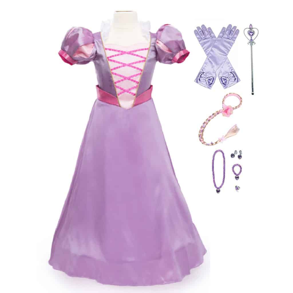 Paarse Rapunzel luxe jurk met hoepel en accessoires zoals lila handschoenen, toverstaf, haarband en juwelen