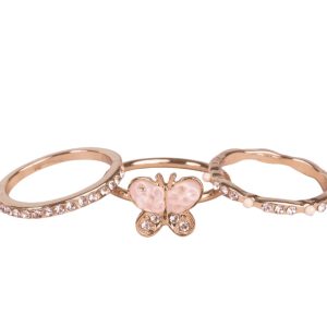 Set van drie vlinderringen met een roze vlinder, roségouden bandjes en glinsterende steentjes
