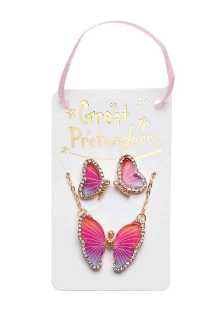 Great Pretenders vlinderketting met bijpassende roze vlinderoorbellen op een sieradenkaart