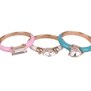 Set van drie diamanten ringen voor kinderen in roze, wit en blauw met glanzende faux-diamanten