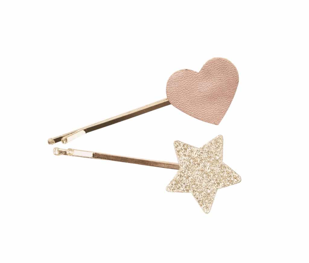 Set Hartje/ster met twee haarclips: een roze hartje en een goudkleurige glitterster op witte achtergrond.