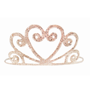 Gouden glitter tiara met sierlijke krullen en hartvormig midden, los gefotografeerd op een witte achtergrond.