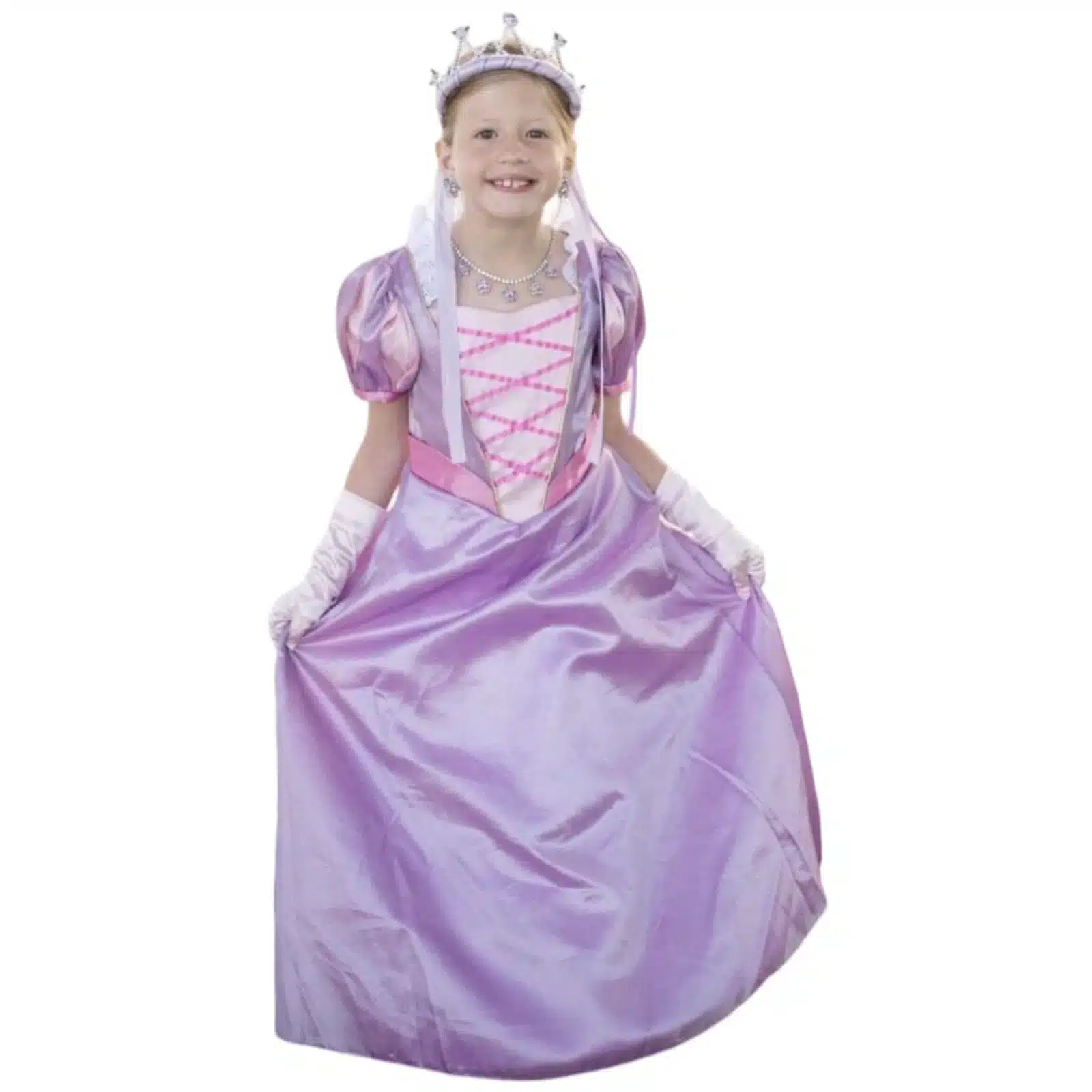 Meisje draagt een paarse Rapunzel jurk met glanzende hoepelrok, pofmouwen, roze veterdetail en lange witte handschoenen.
