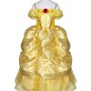 Gele prinsessenjurk Belle met geplooide rok, off-shoulder mouwen, gouden krullenpatroon en rode roos op het lijfje