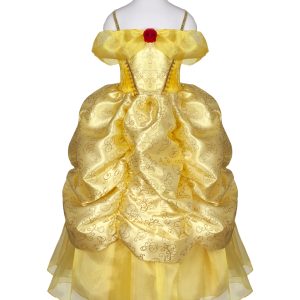 Gele prinsessenjurk Belle met geplooide rok, off-shoulder mouwen, gouden krullenpatroon en rode roos op het lijfje