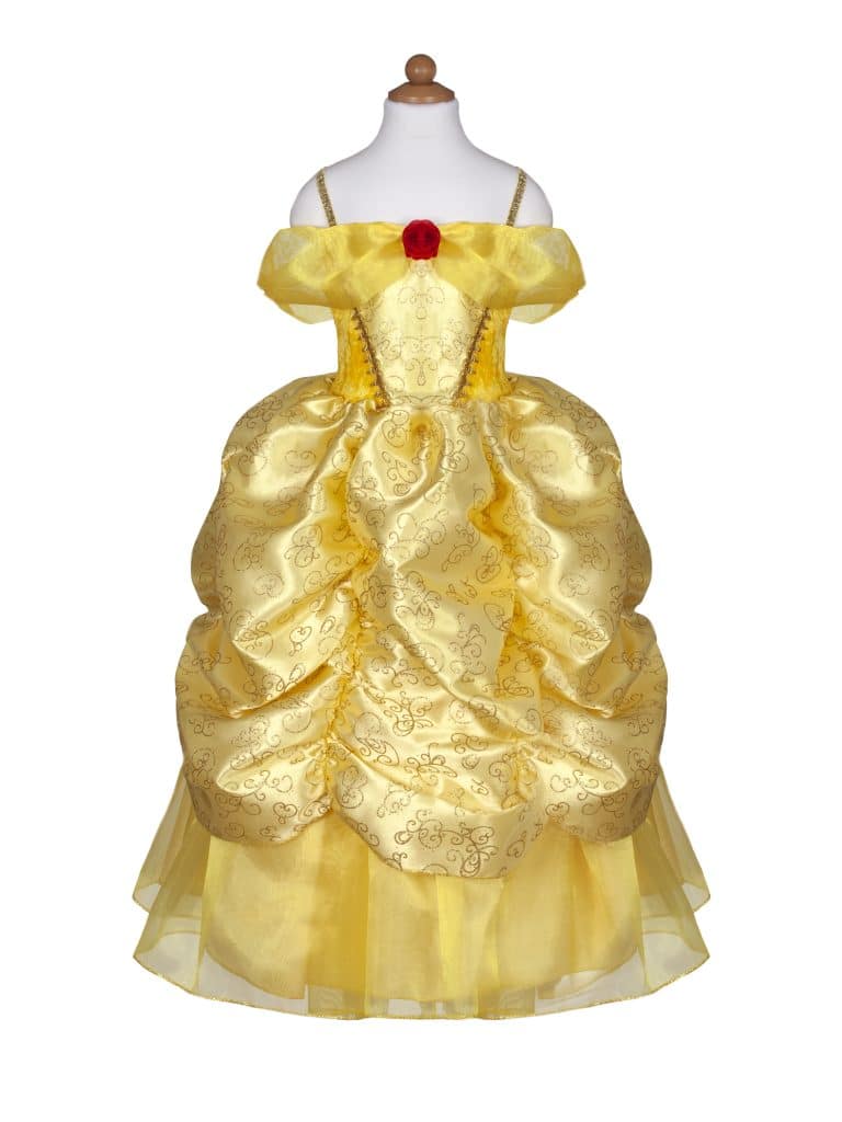Gele prinsessenjurk Belle met geplooide rok, off-shoulder mouwen, gouden krullenpatroon en rode roos op het lijfje