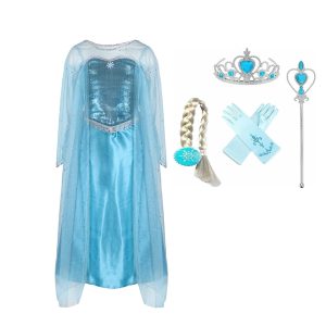 Blauwe Frozen Elsa jurk met transparante mouwen, tiara, handschoenen, vlecht en toverstaf als accessoires