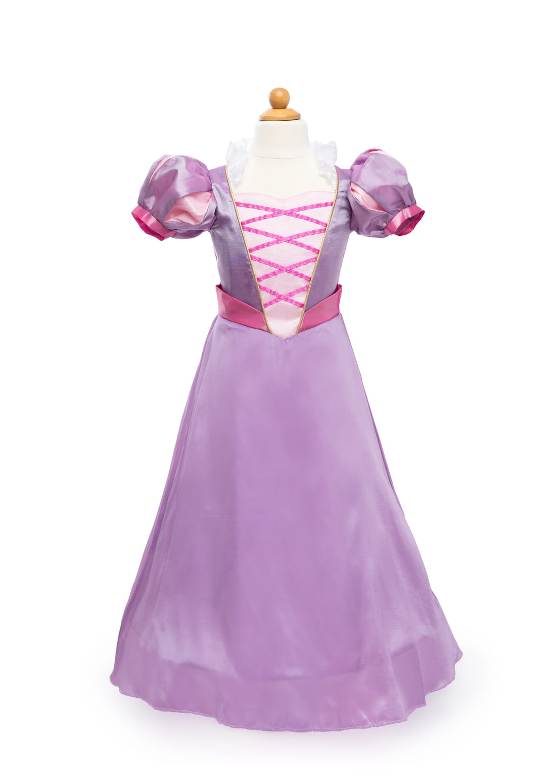Paarse Rapunzel jurk op een paspop met glanzende pofmouwen, roze veterdetail en lange rok