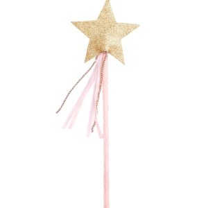 Tegen een witte achtergrond staat de Great Pretenders glitter toverstaf met stervormige top en roze handvat.