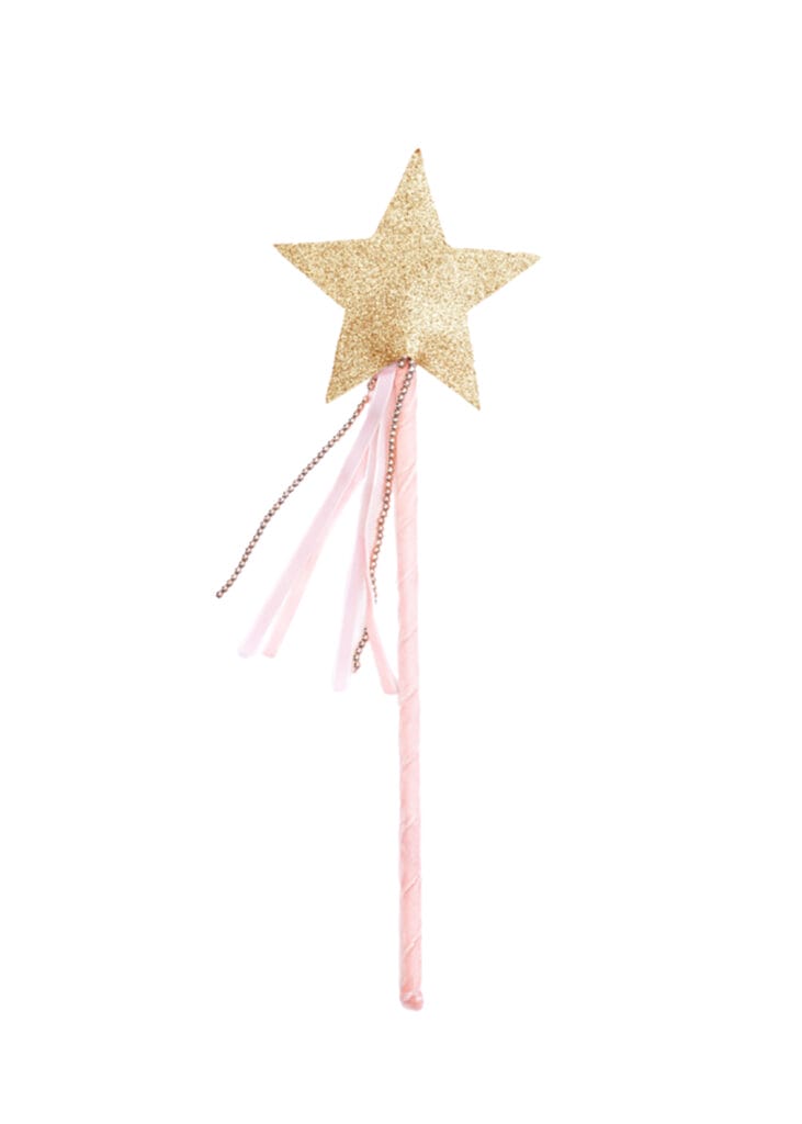 Tegen een witte achtergrond staat de Great Pretenders glitter toverstaf met stervormige top en roze handvat.