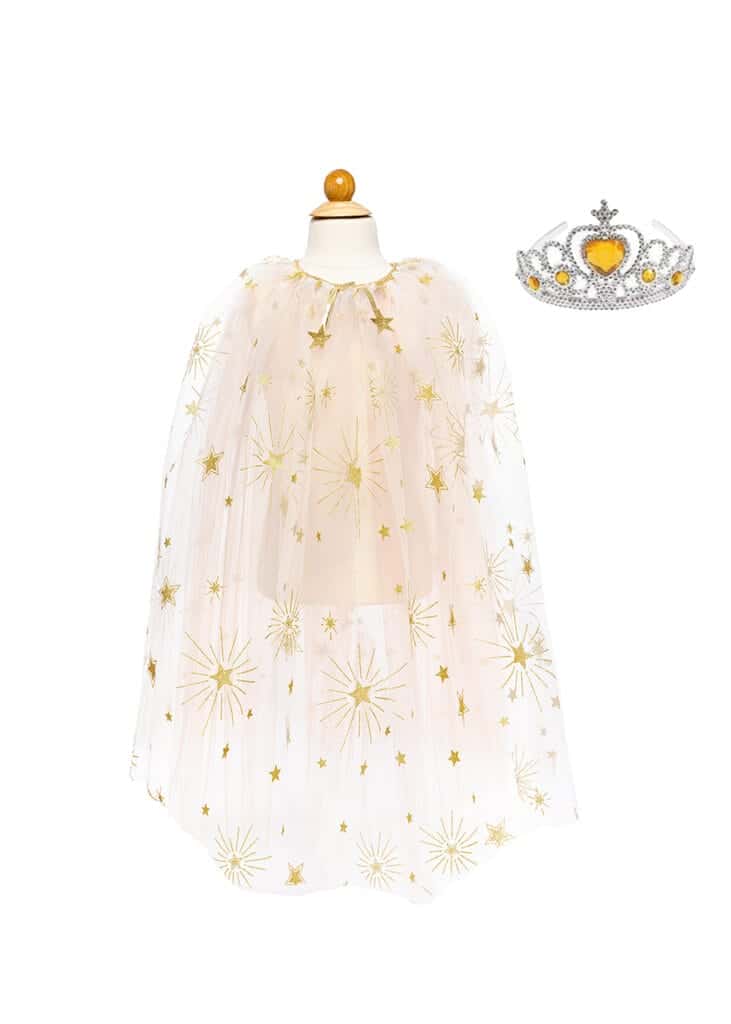 Great Pretenders cape van transparante stof met gouden sterren, naast een bijpassende kroon