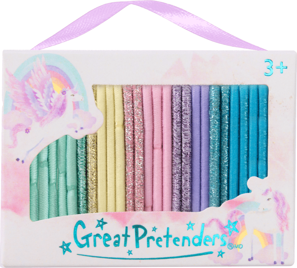 Verpakking met kleurrijke unicorn haarelastieken van Great Pretenders, waaronder roze, paarse, gele en blauwe elastieken.