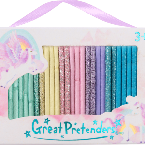 Verpakking met kleurrijke unicorn haarelastieken van Great Pretenders, waaronder roze, paarse, gele en blauwe elastieken.
