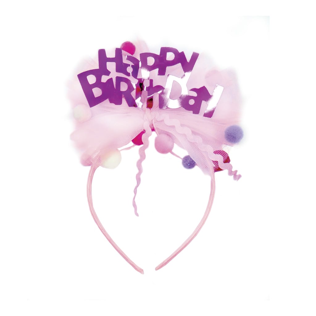 Roze happy birthday haarband met tule strik, letters en gekleurde bolletjes op een witte achtergrond