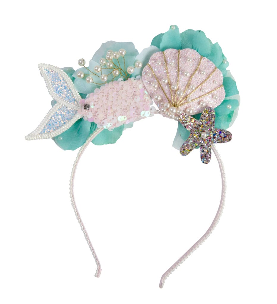 Zeemeermin haarband van Great Pretenders met roze schelp, turquoise bloemen, parels, zeemeerminstaart en glinsterende zeester