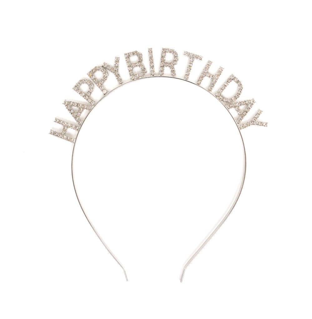 Zilverkleurige Happy Birthday haarband met fonkelende kristalletters op een dunne metalen diadeem van Great Pretenders