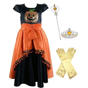 Oranje en zwarte halloween jurk van Het Betere Merk met pompoen, strik, tiara, toverstaf en gouden handschoenen