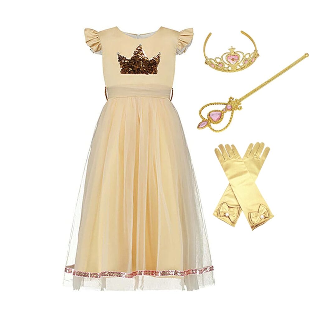 Goudkleurige prinsessenjurk met pailletten kroon, tiara, toverstaf en lange handschoenen als accessoires
