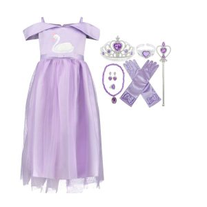 Paarse prinsessenjurk van Het Betere Merk met zwaan op het lijfje, kroon, handschoenen, sieraden en toverstaf