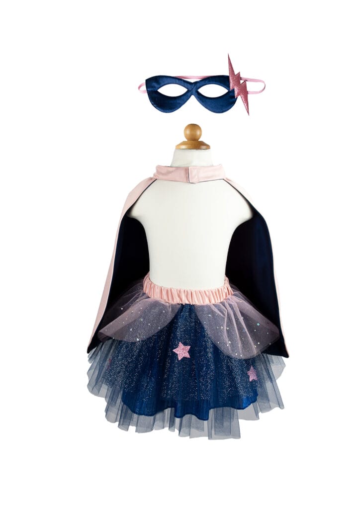 Roze superheld verkleedset van Great Pretenders met blauwe tutu, cape en masker met roze bliksemaccent