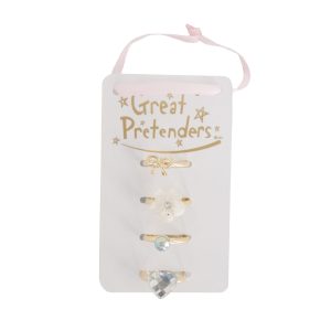 Set van vier prinsessensieraden van Great Pretenders met bloemen-, hart- en strikringen op een kaartje.