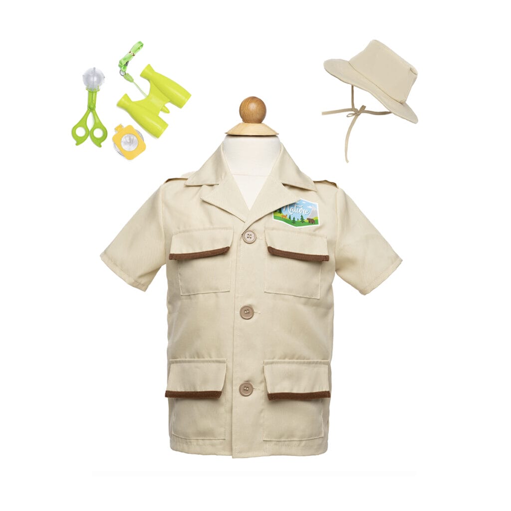 Forest Guardian verkleedset van Great Pretenders met beige safarihemd, hoed en felgroene onderzoeksaccessoires, plat uitgestald.