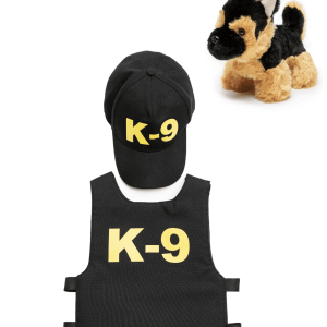Zwarte K9 Unit politie verkleedset met vest en pet, plus een zwart-bruin knuffelhondje van Great Pretenders