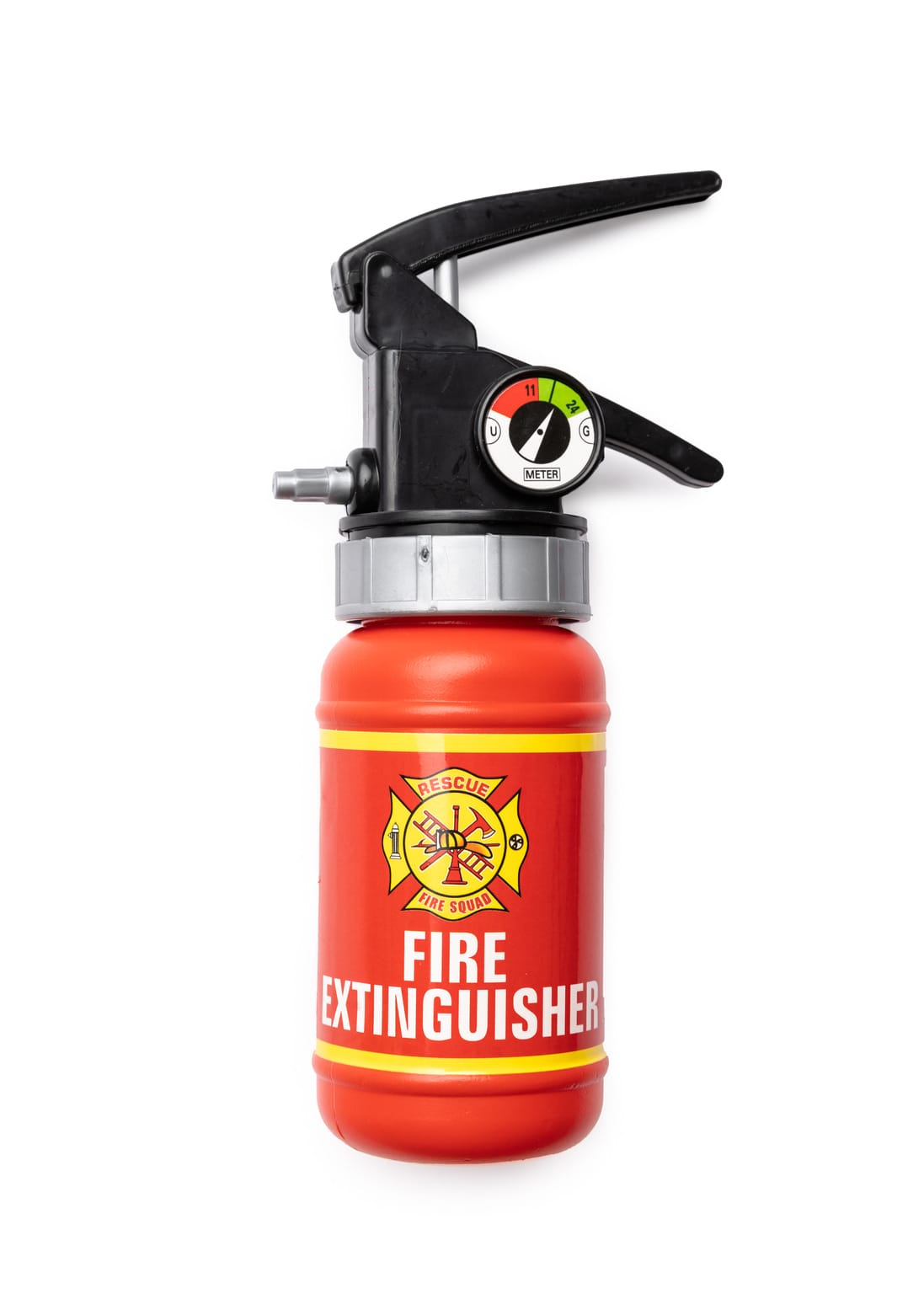 Rode speelbrandblusser uit de brandweer accessoires van Great Pretenders, met zwarte hendel en zilverkleurige ring.