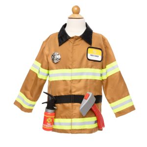 Brandweer verkleedset met bruin reflecterend brandweerpak, zwarte kraag, riem, speelgoedbijl en blusapparaat