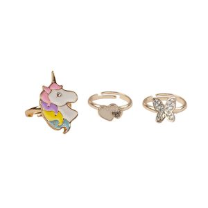 Set van drie prinsessenringen met eenhoorn, hartje en ring vlinder in roségoudkleur