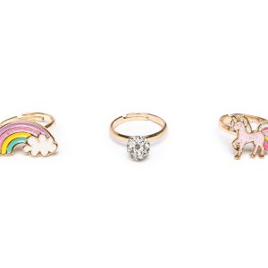 Set van drie Great Pretenders ringen met een regenboog, een bloem en een roze eenhoorn