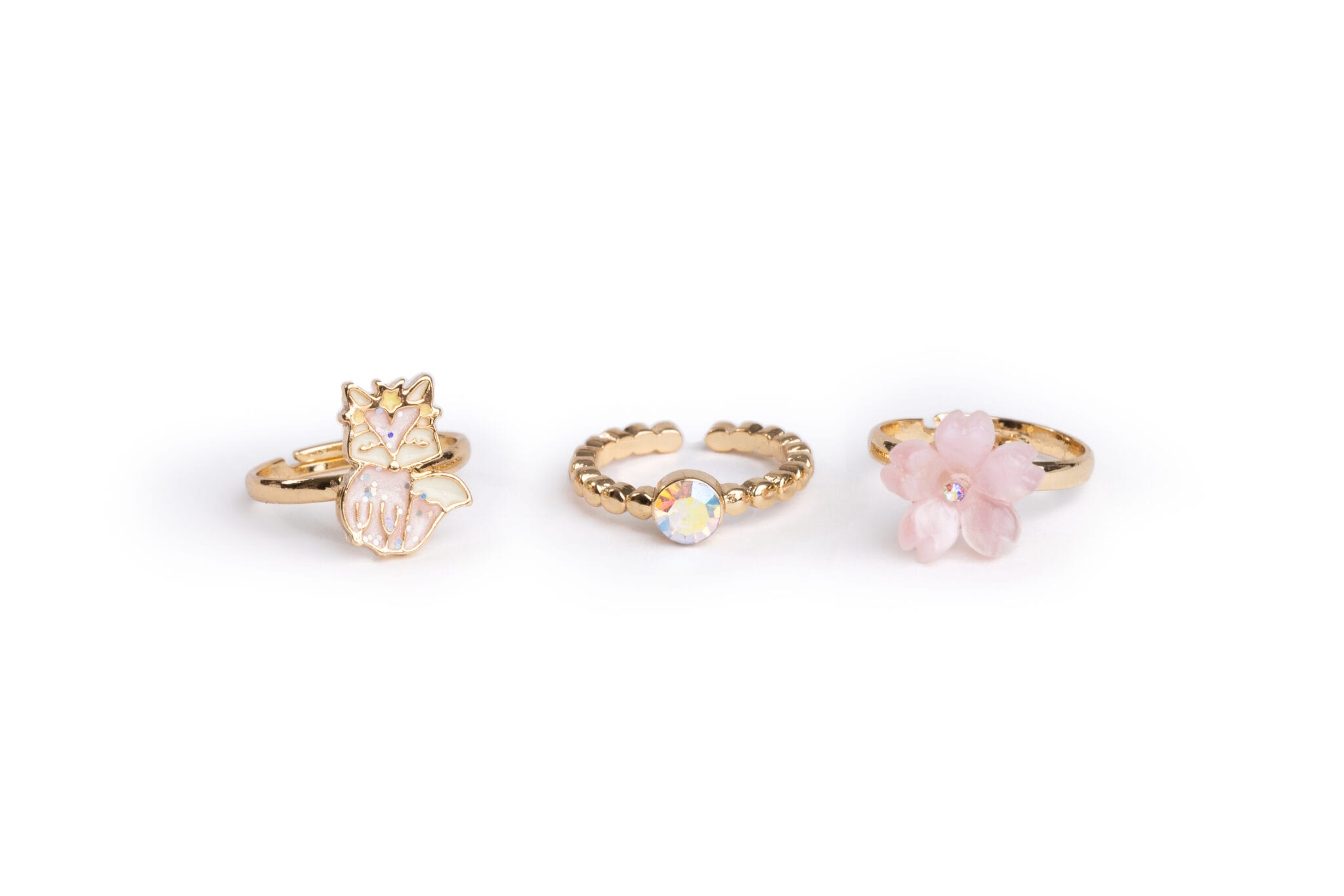 Set van drie gouden prinsessenringen van Great Pretenders met een prinses, fonkelende steen en roze bloem