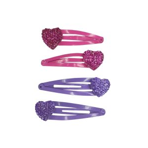 Vier roze en paarse haarclips met glinsterende hartjes van Great Pretenders, los naast elkaar op een witte achtergrond