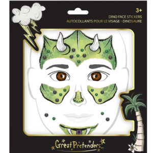 Verpakking met groene dinosaurus gezichtstickers van Great Pretenders, met hoorns, schubben en tanden voor een dino gezicht