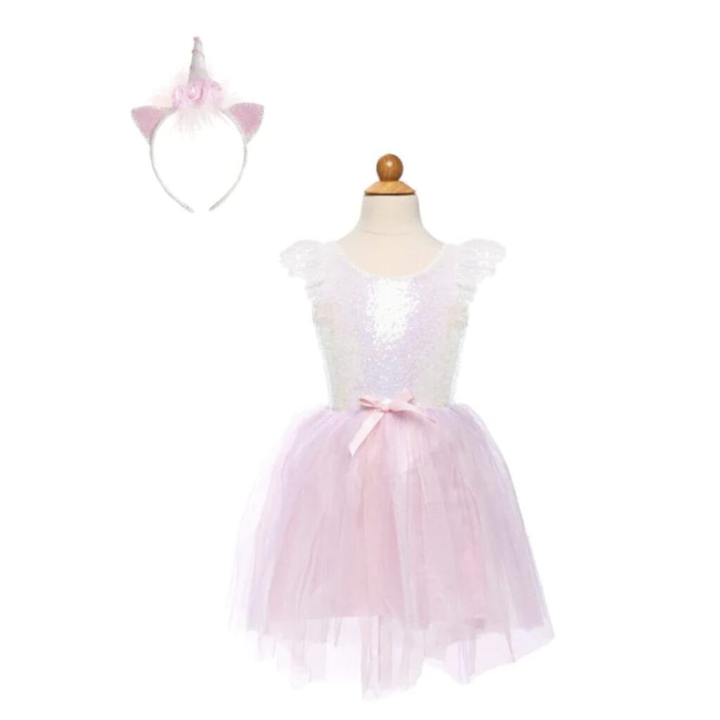 Roze unicorn jurk met glinsterend lijfje, tule rok en bijpassende unicorn haarband van Great Pretenders
