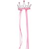 Fuchsia ribbon tiara met zilverkleurige versieringen, edelstenen en lange roze linten