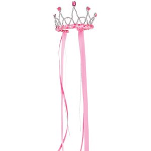 Fuchsia ribbon tiara met zilverkleurige versieringen, edelstenen en lange roze linten