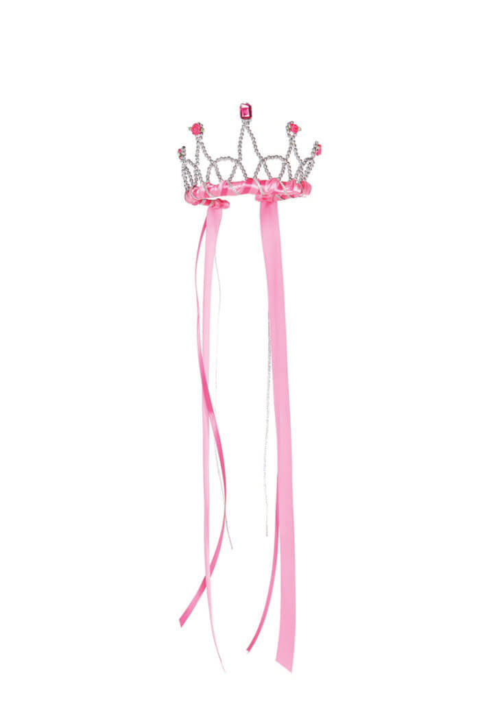 Fuchsia ribbon tiara met zilverkleurige versieringen, edelstenen en lange roze linten