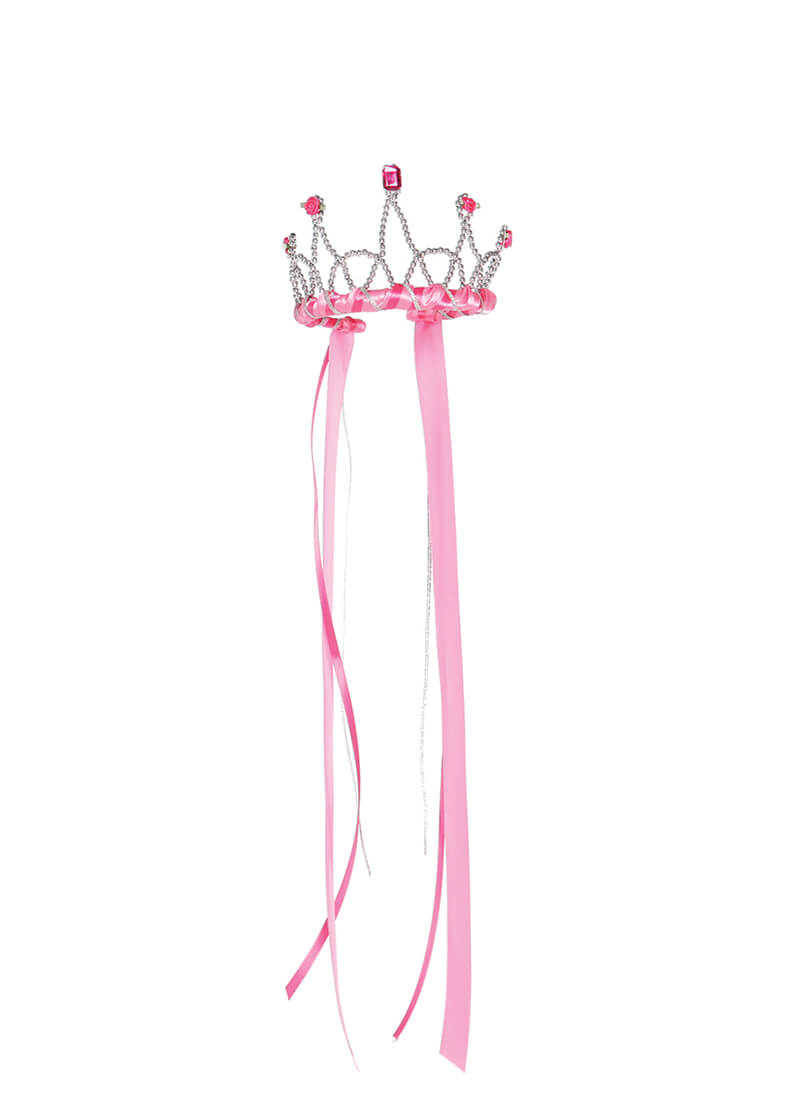 Fuchsia ribbon tiara met zilverkleurige versieringen, edelstenen en lange roze linten