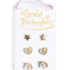 Set van drie paar unicorn oorbellen van Great Pretenders op een wit kaartje, met sterren, hartjes en eenhoorns.