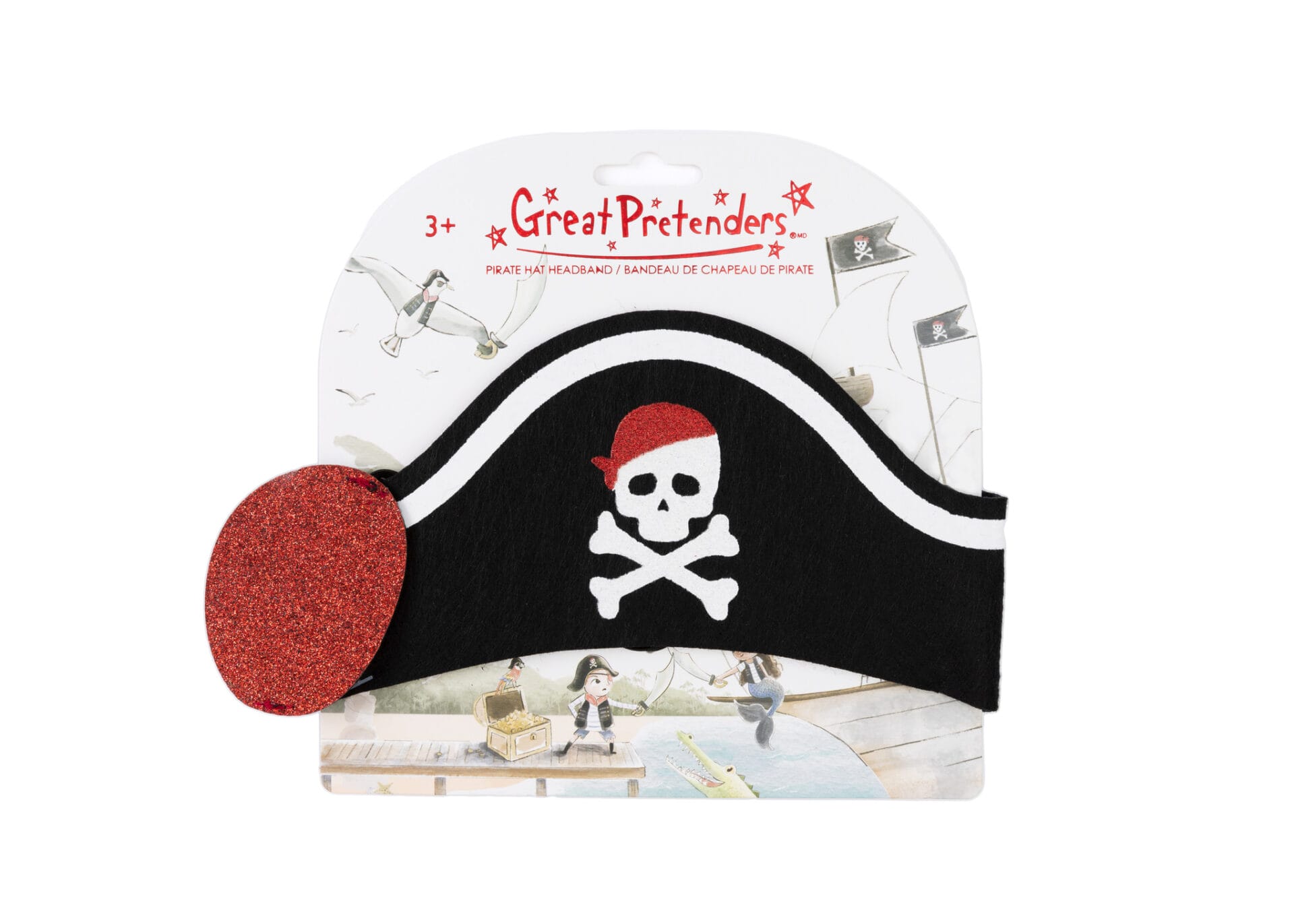 Piratenhoed als hoofdband met rood ooglapje van Great Pretenders op de verpakking