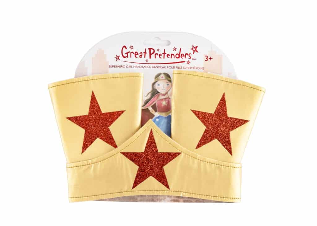 Gouden Superhero Girl-hoofdband en polsbandjes van Great Pretenders met rode glittersterren, in de verpakking