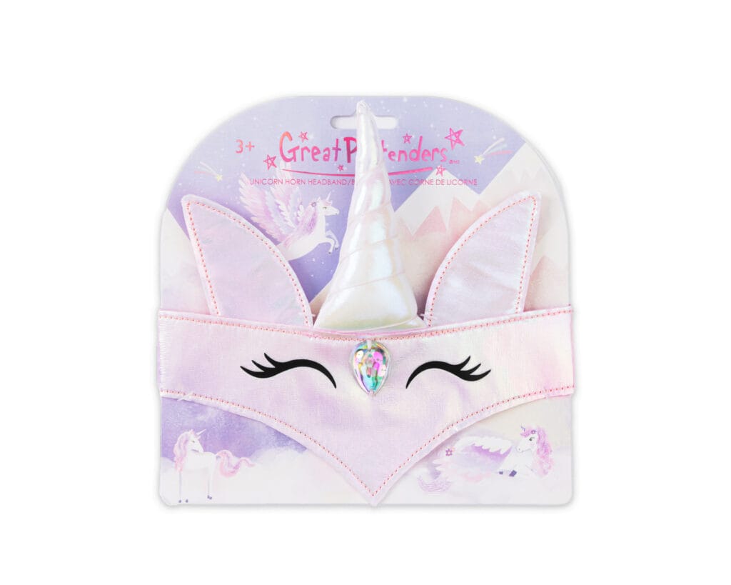 Lichtroze unicorn headband met witte hoorn, oortjes en kleurrijke eenhoornsteen op de verpakking van Great Pretenders