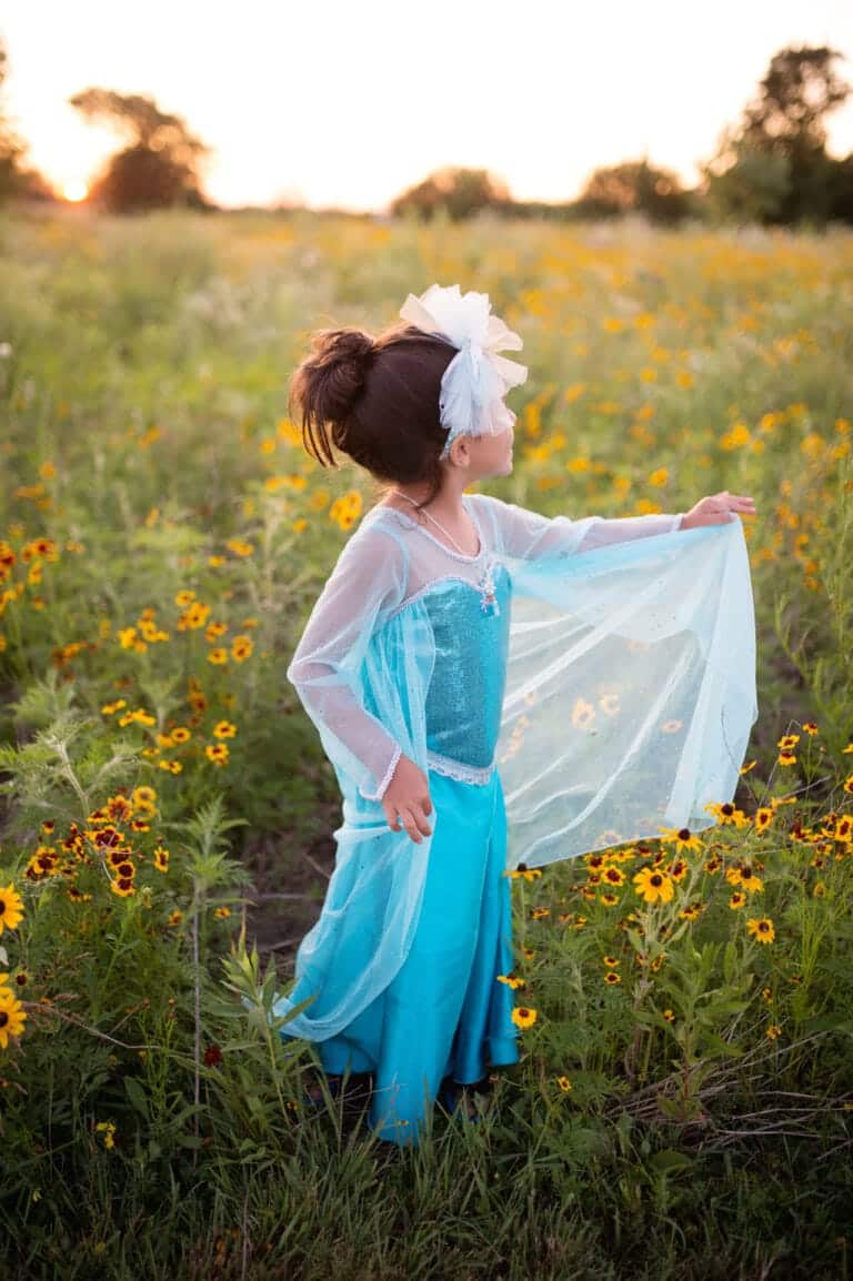 Meisje draagt een blauwe Elsa jurk met cape van Great Pretenders in een bloemenveld bij zonsondergang.