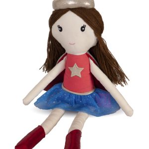 Knuffel Suzie the supergirl van Great Pretenders met bruin haar, een roze top, blauwe tule rok, cape en rode laarsjes