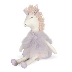 Evie knuffel, een zittende witte eenhoorn met roze manen en een zachtpaarse tutu