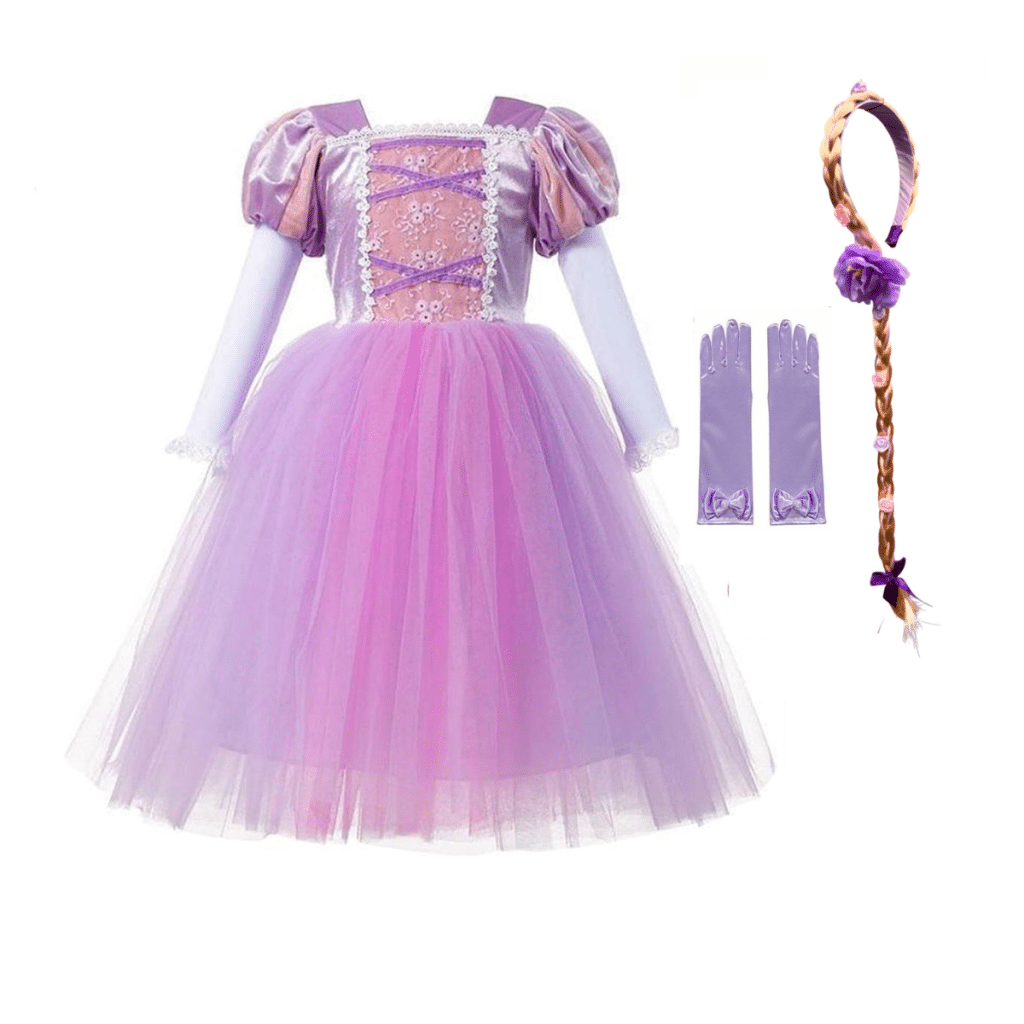 Roze en lila Rapunzel jurk met tule rok, witte mouwen, paarse handschoenen en gevlochten haarband.